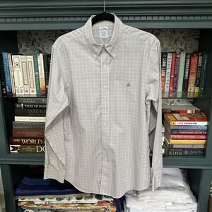 Brooks Brothers Gray White Non-Iron Long Sleeve Shirt Check Windowpane Size Med